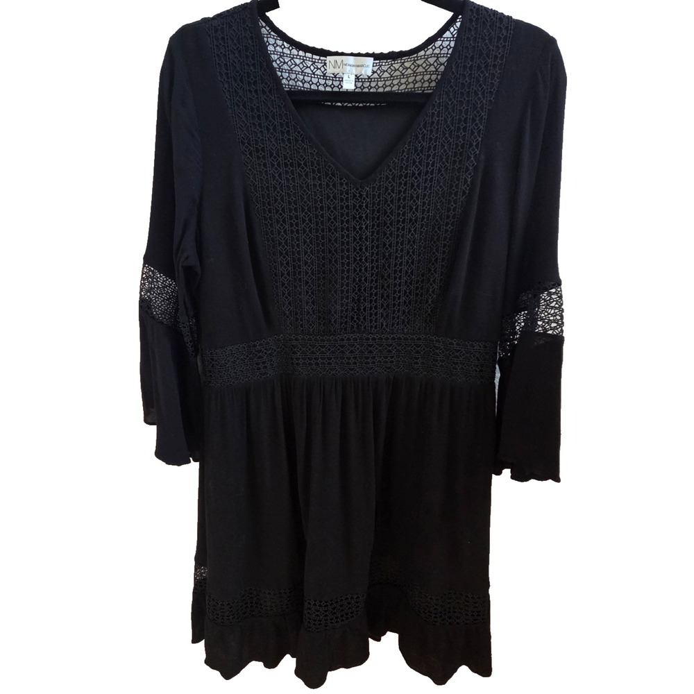 Neiman Marcus Black Lace Tunic Top Womens L V Neck 3/4 Bell Sleeve Boho